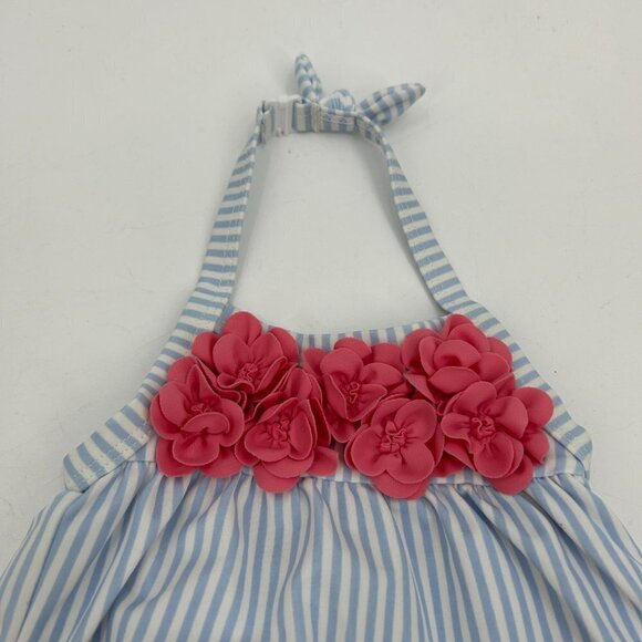 JANIE AND JACK Blue White Striped Pink Flower Halter Baby Swim Suit 3-6 Months - Picture 3 of 4